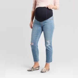 Isabel Maternity Over Belly Distressed Straight Maternity Blue Jeans